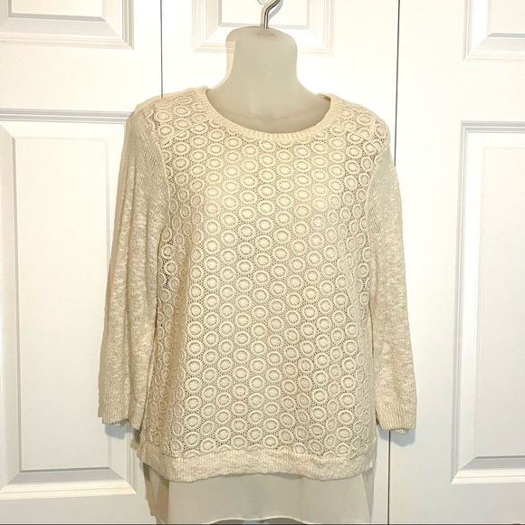 Lucky Brand Ivory Lace Chiffon Split Back Sweater Eyelet Medium - Picture 2 of 8